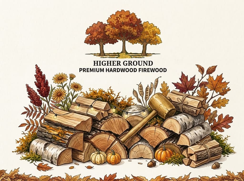 Higher Ground premium hardwood firewood fall autumn illustration